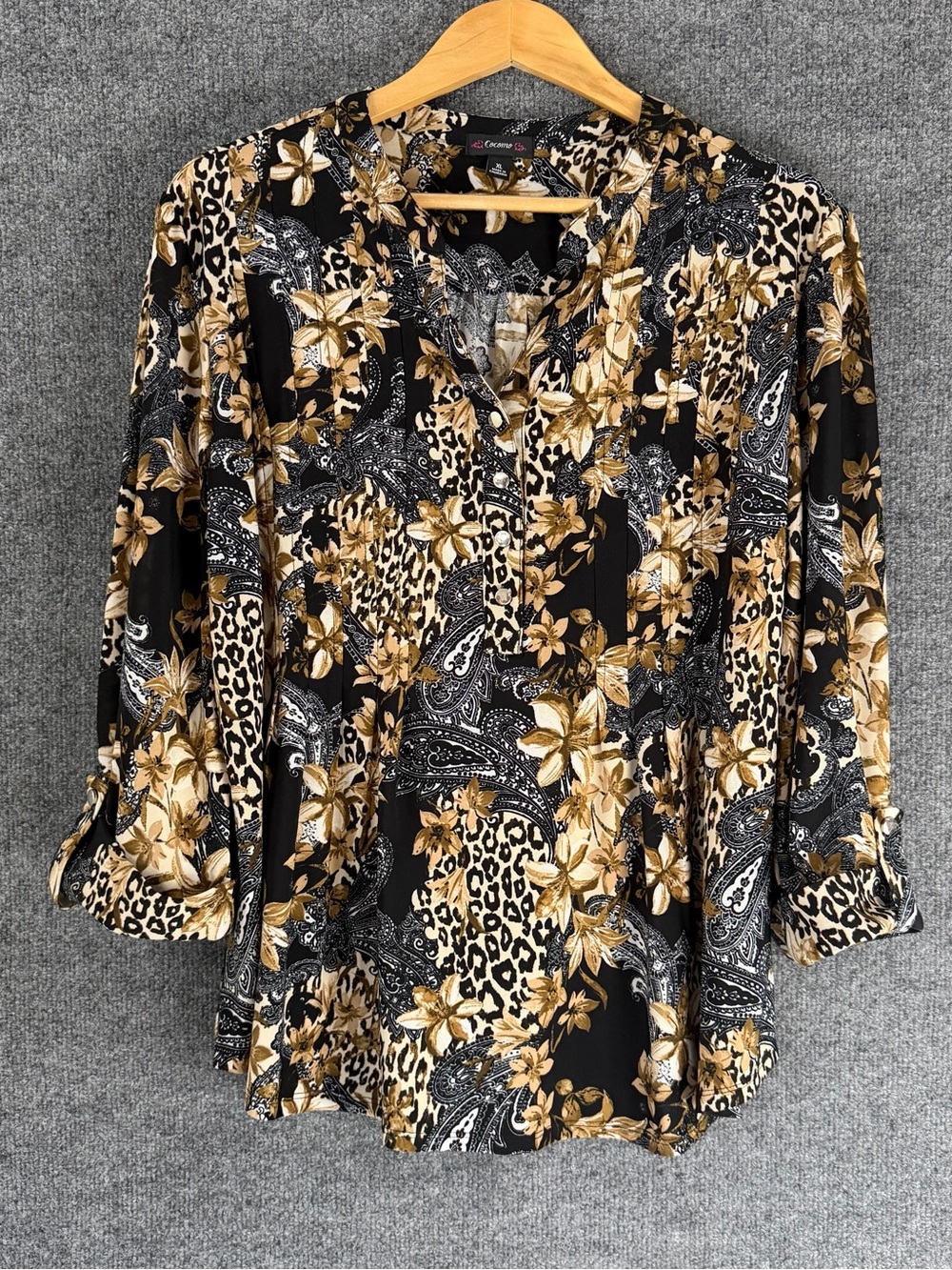 Cocomo Womens 3/4 Sleeve Floral Animal Print Top Size XL Black Tan Artsy Stretch